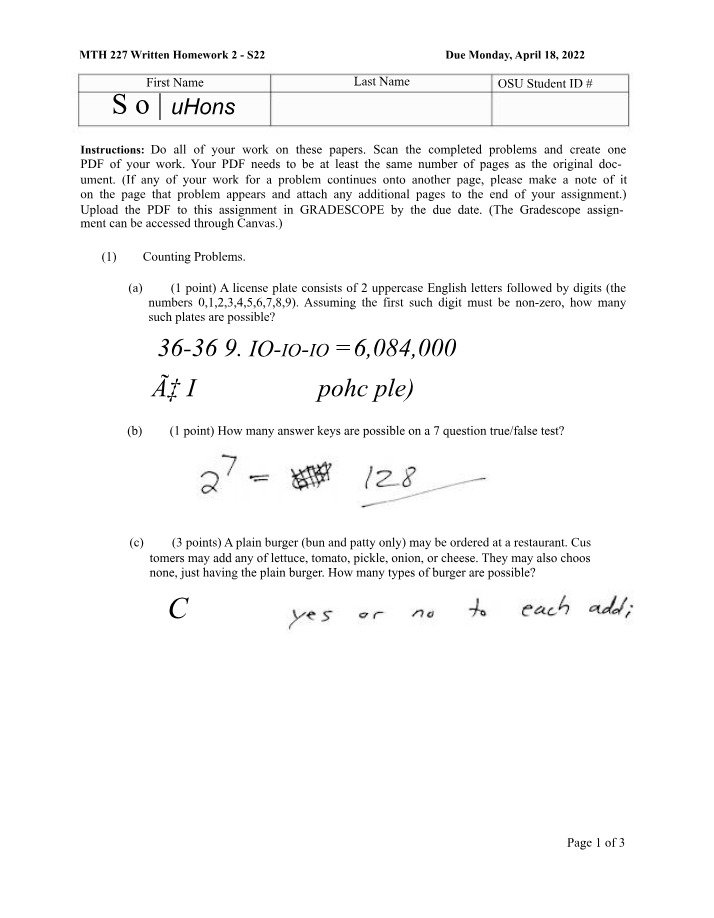 MTH 227 Written Homework 2 Solutions