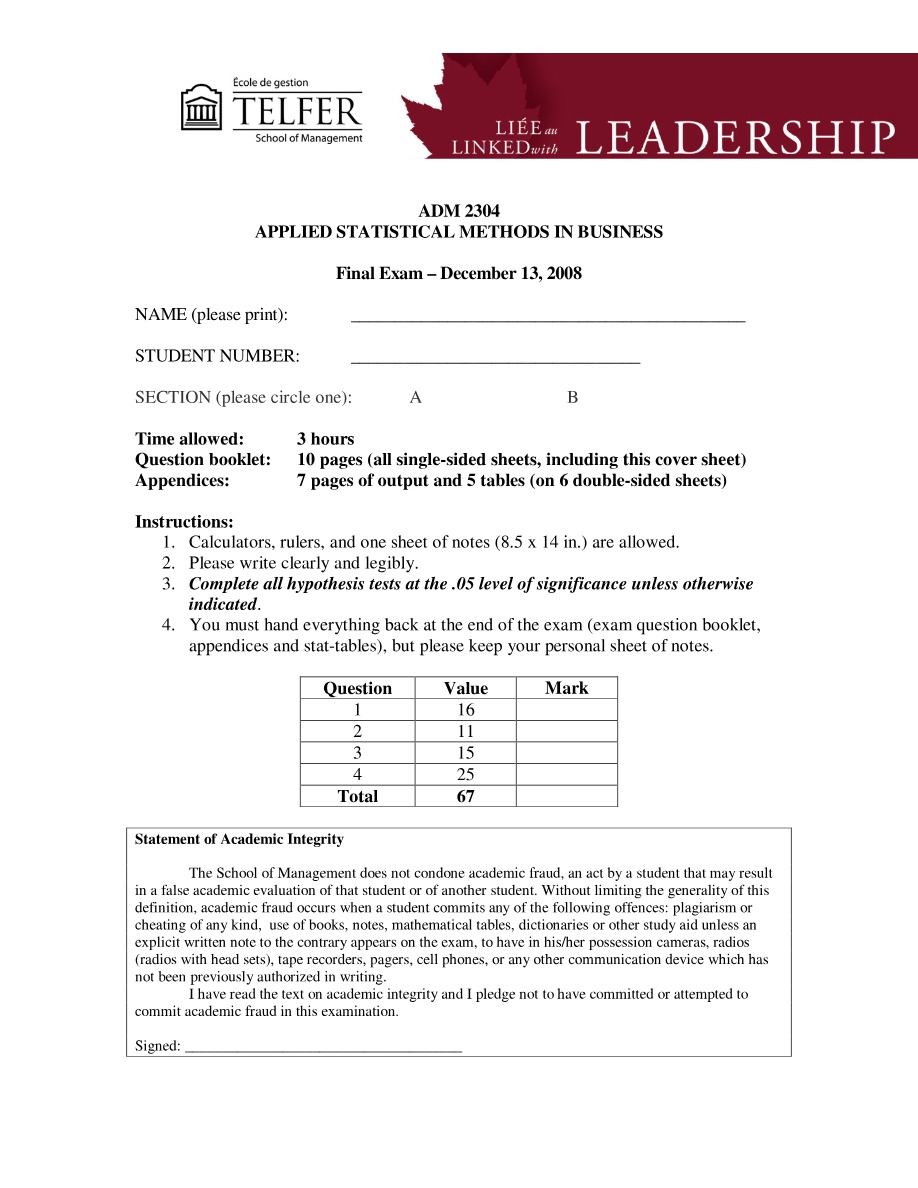 Fall 2008 Final Exam for ADM 2304