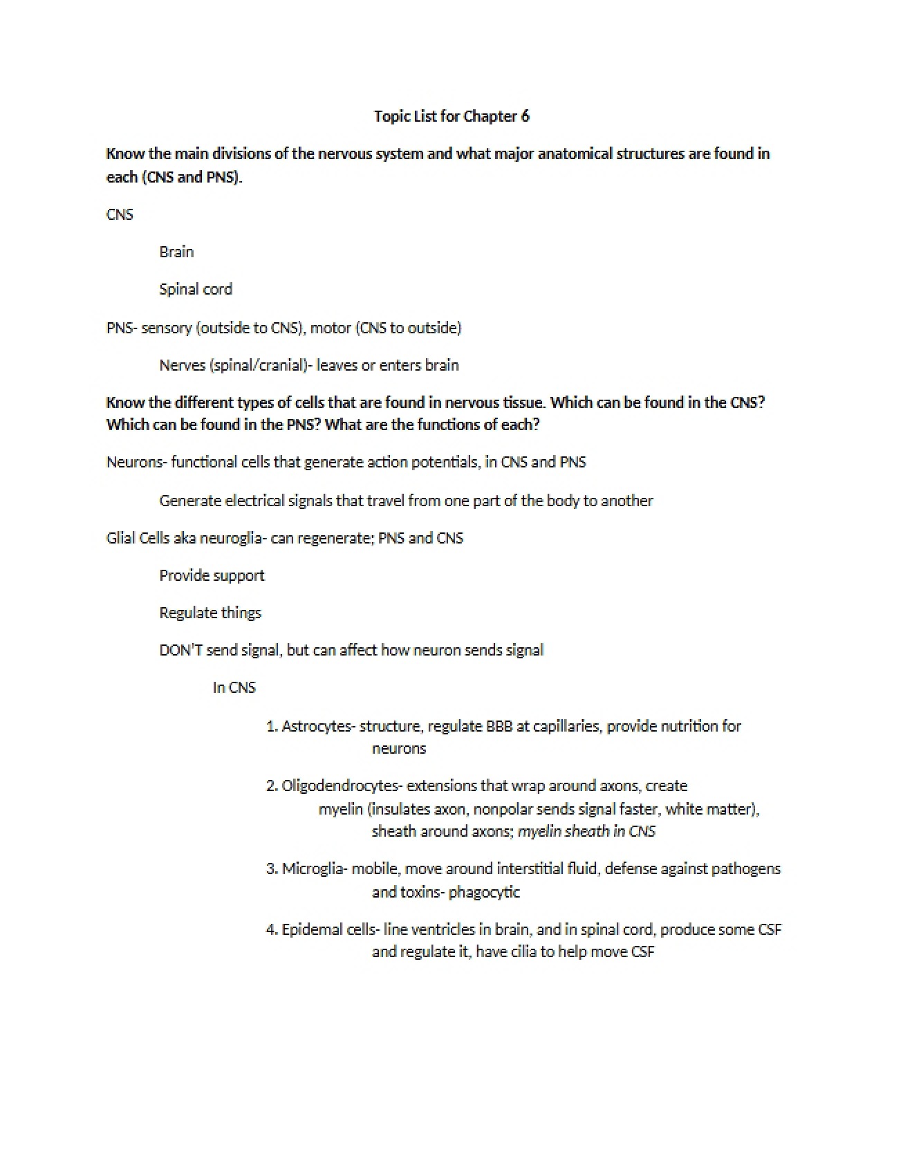 List of Topics for Chapter 6 of Human Physiology