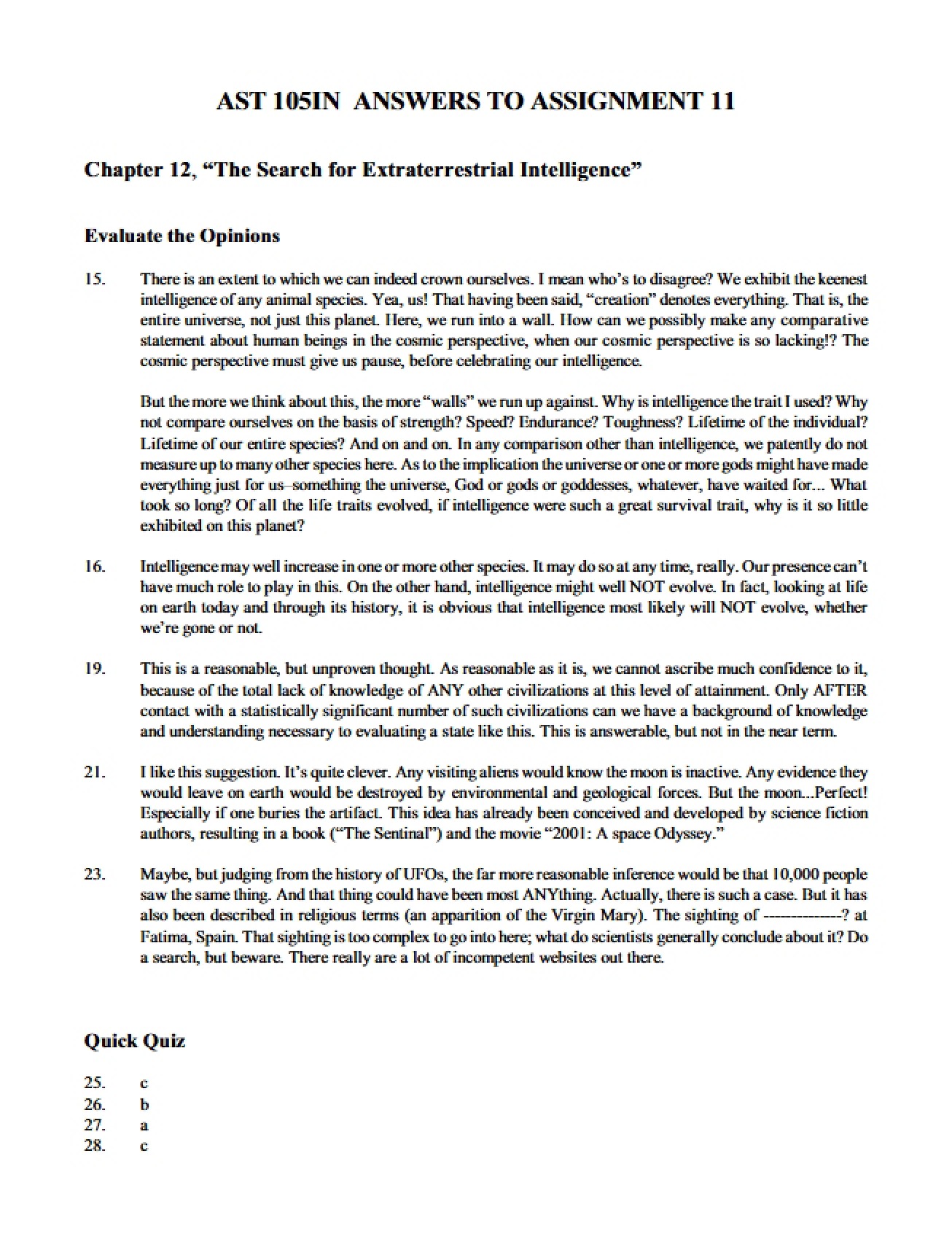 Answers to the Eleventh Assignment in Life in the Universe