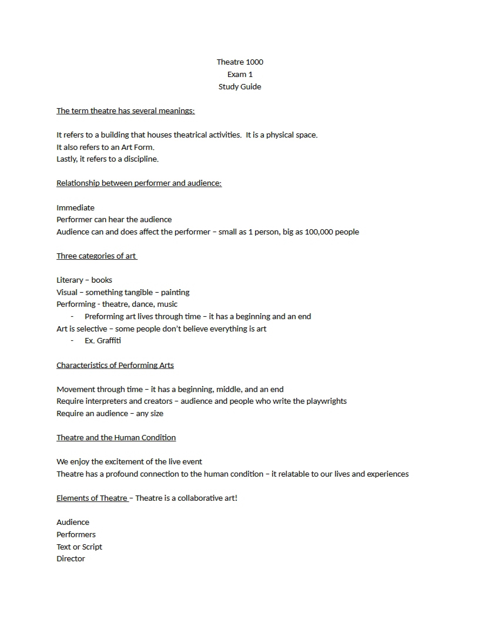 Theatre Exam 1 Guide