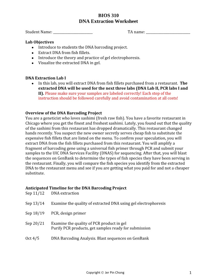 Worksheet on DNA Barcoding