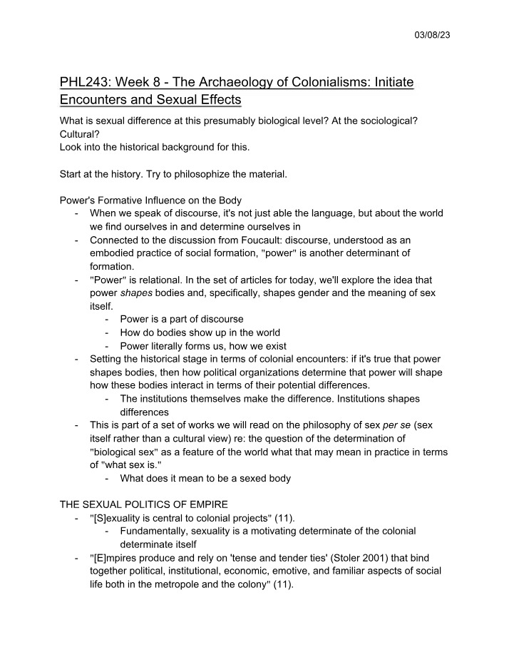 Week 8 - The Archaeology of Colonialisms, Initiate Encounters and Sexual Effects