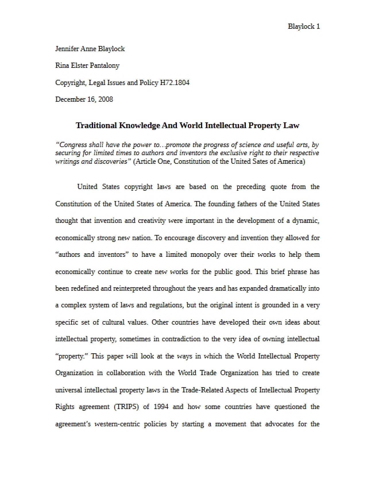 World IP Law and Traditional Knowledge