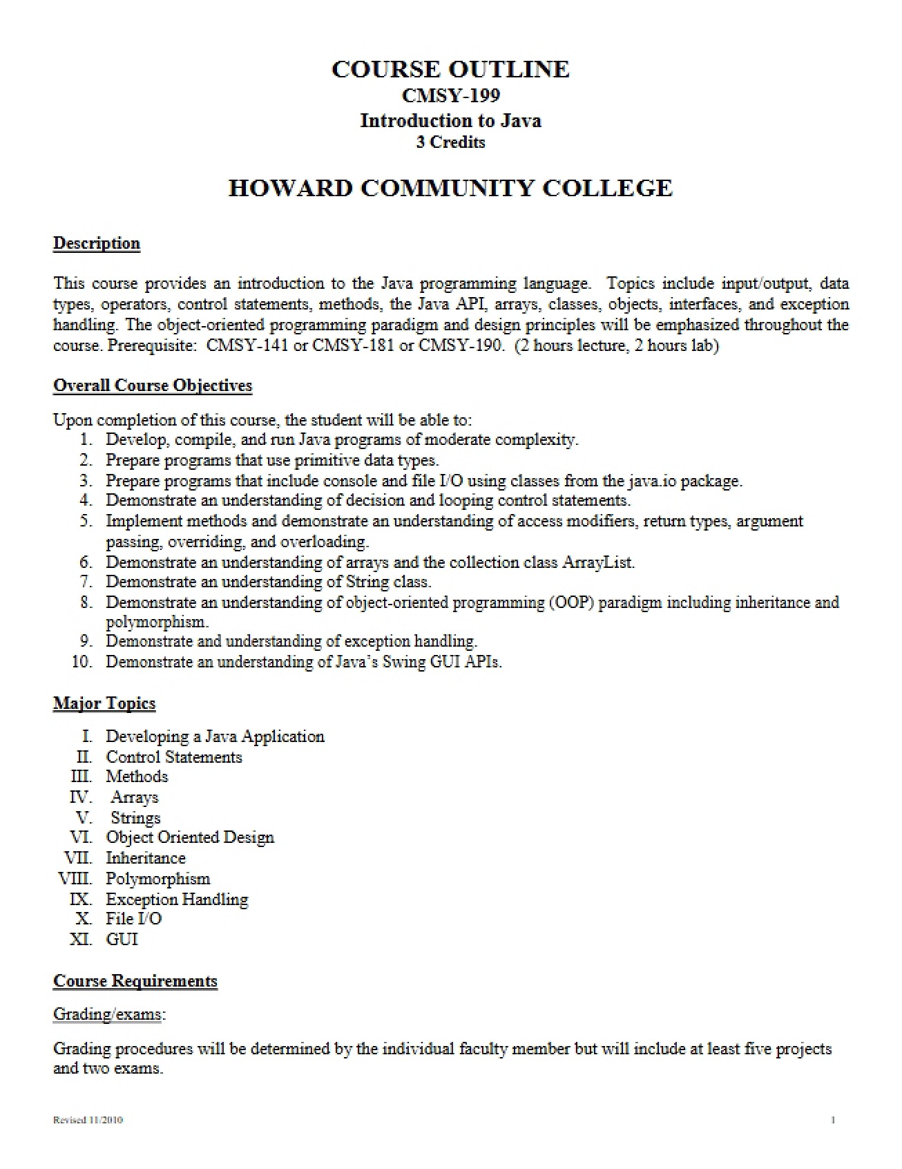 Java II Intermediate Programming Syllabus
