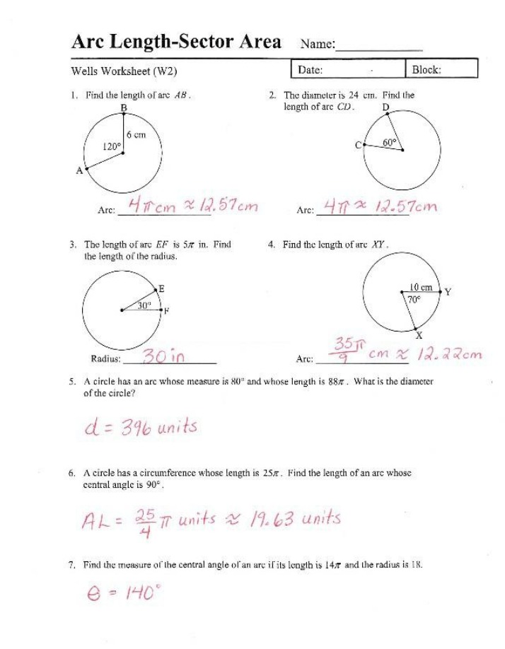 Worksheet (W2) - Arc Length and Sector Area