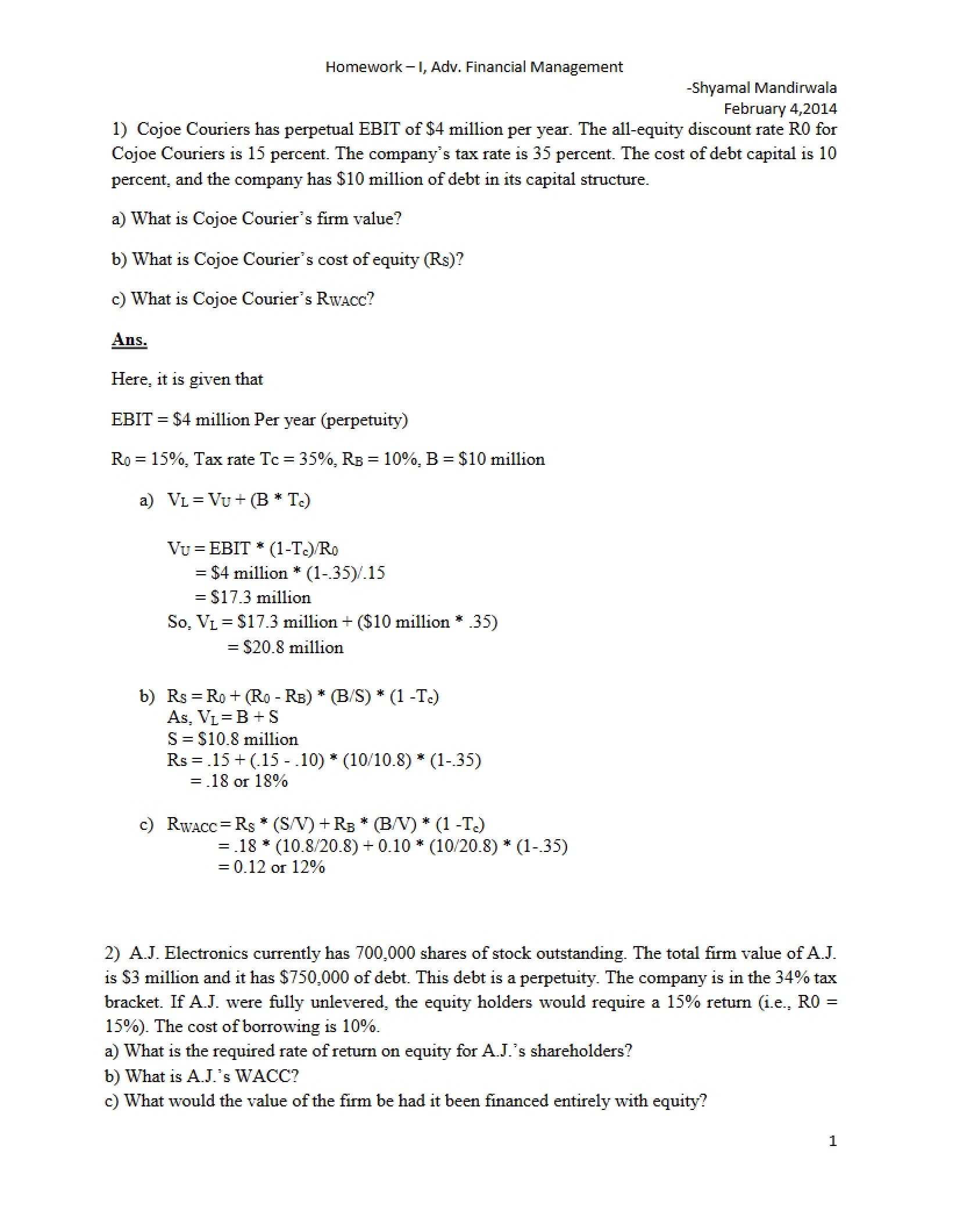 First Financial Management Homework
