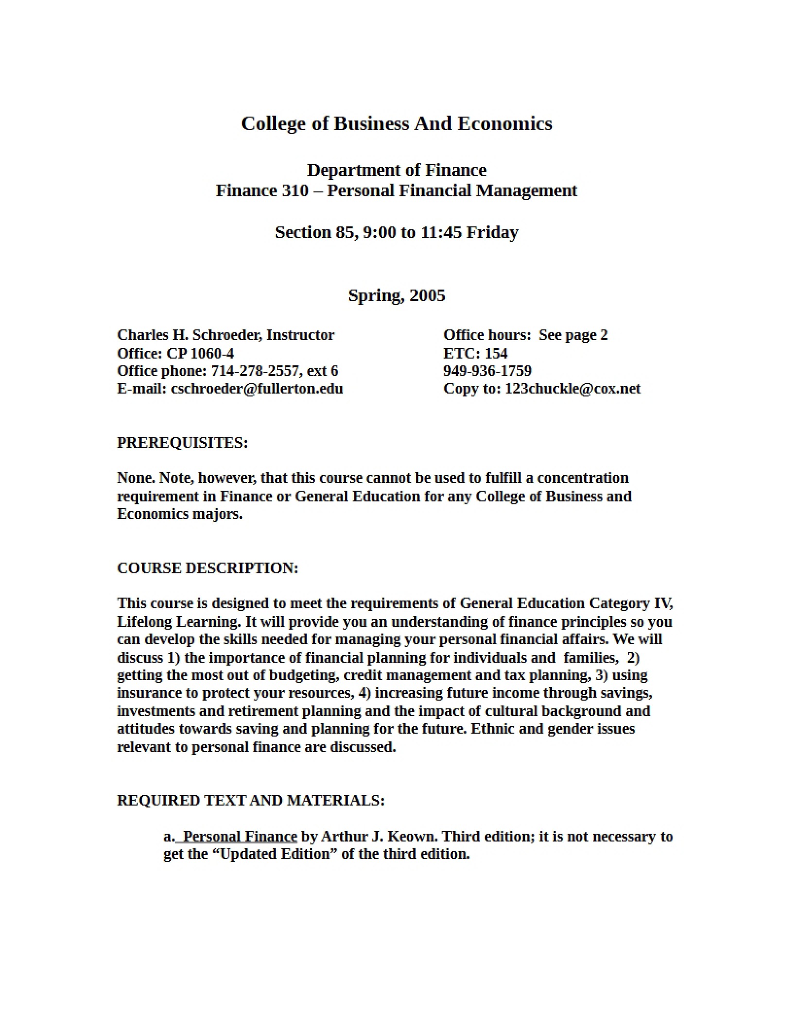 Personal Financial Management Syllabus