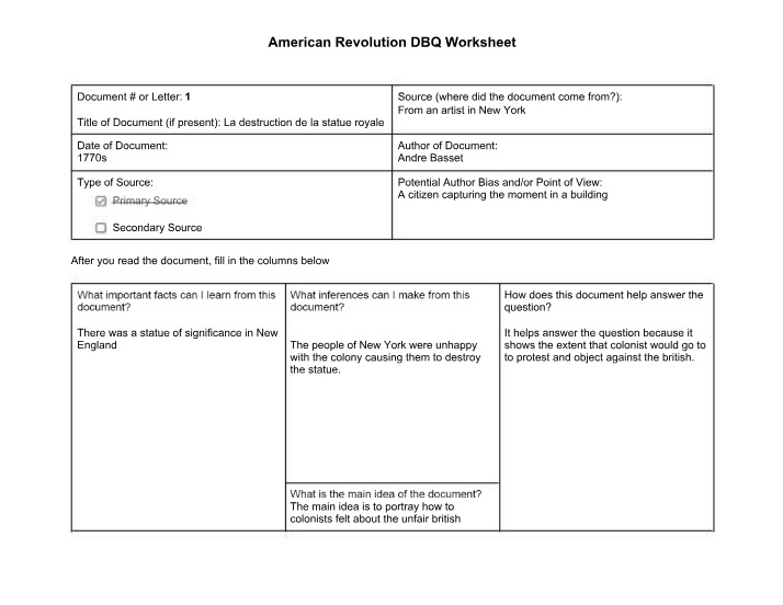 Worksheet for American Revolution DBQ