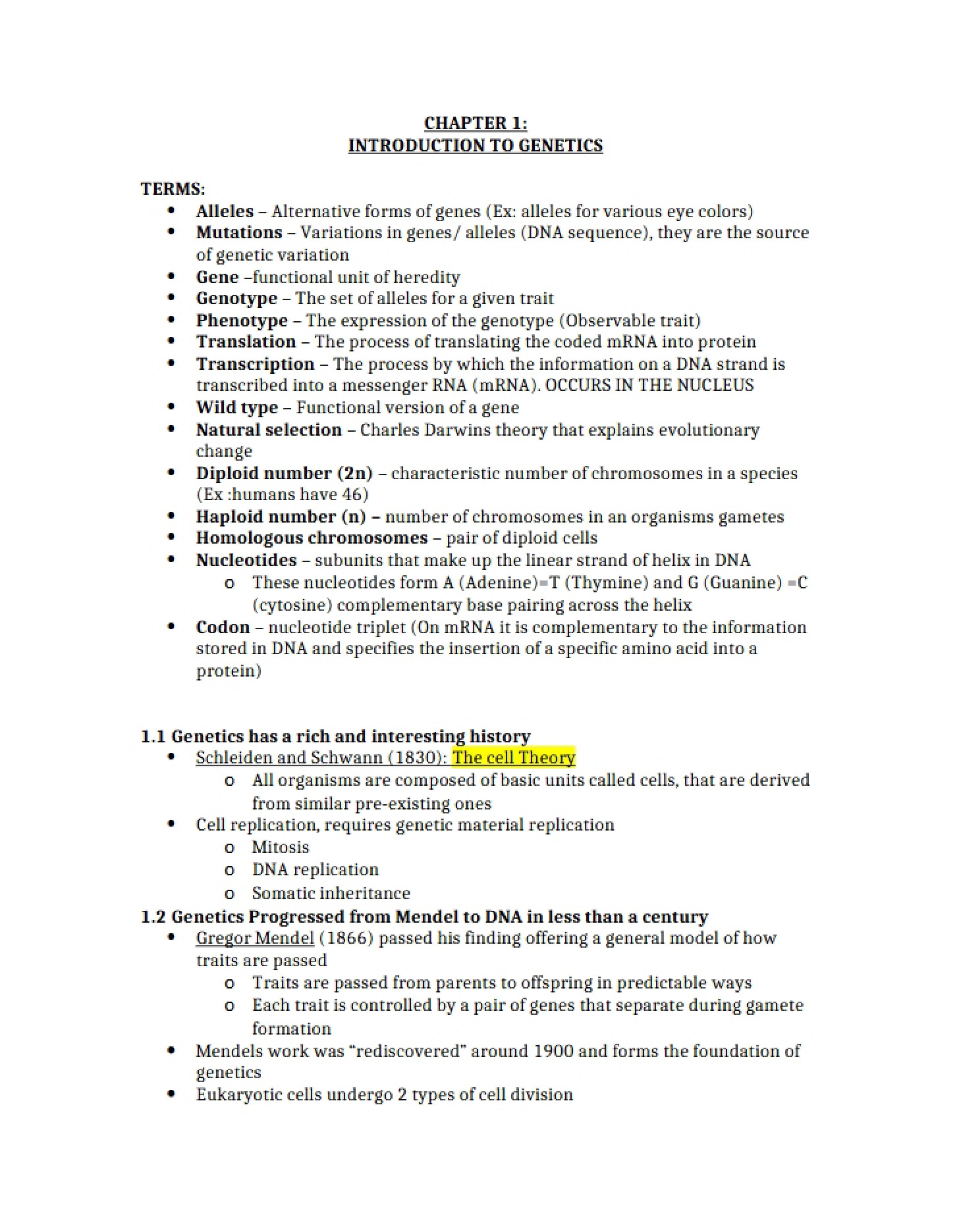 Genetics Introduction Chapter 1