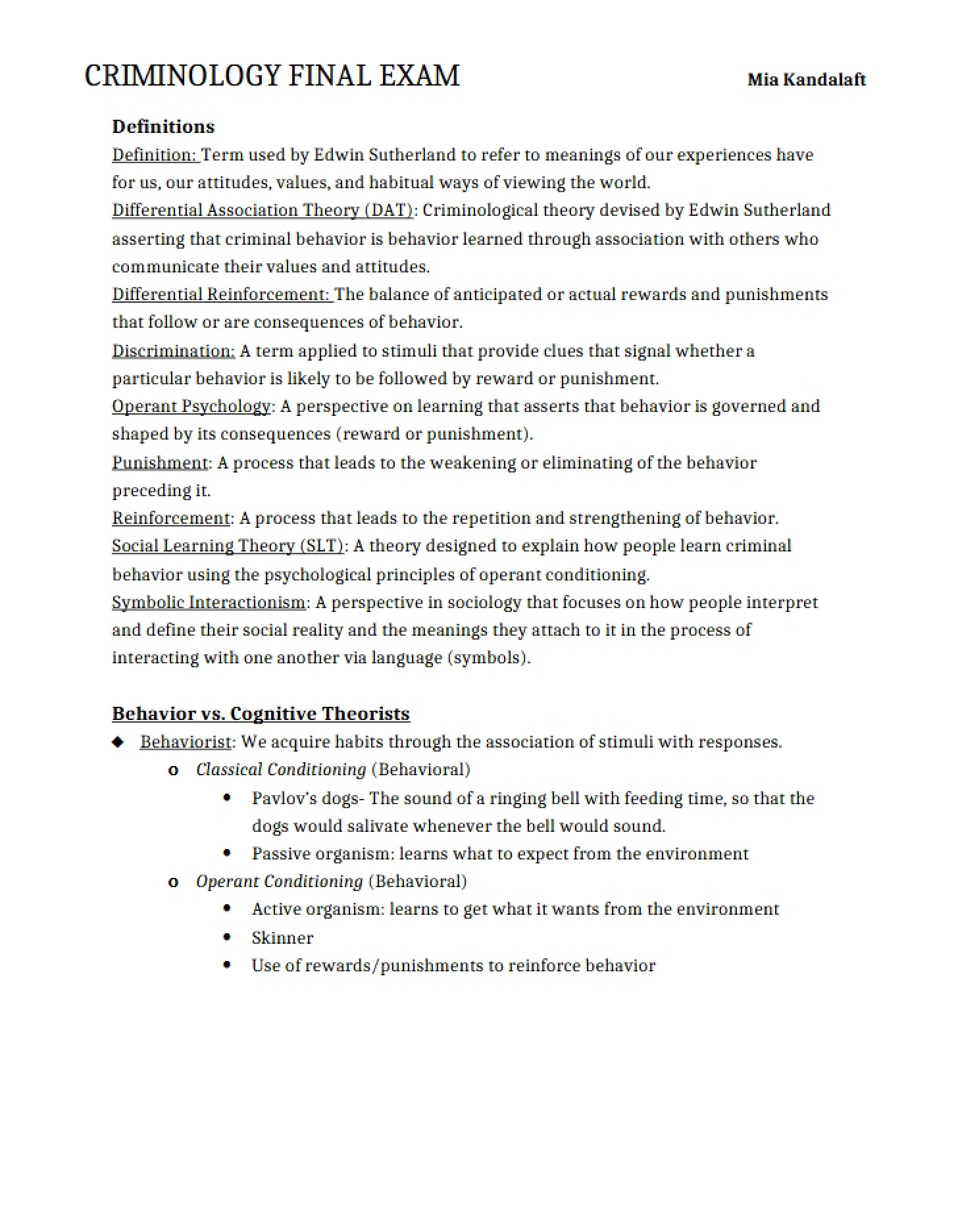 Final Exam for Criminology