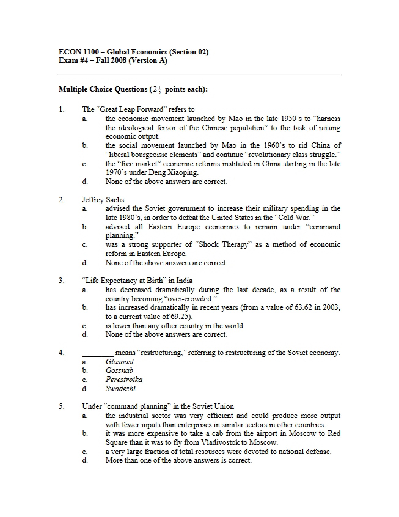 Examination Number Four in Global Economic Systems