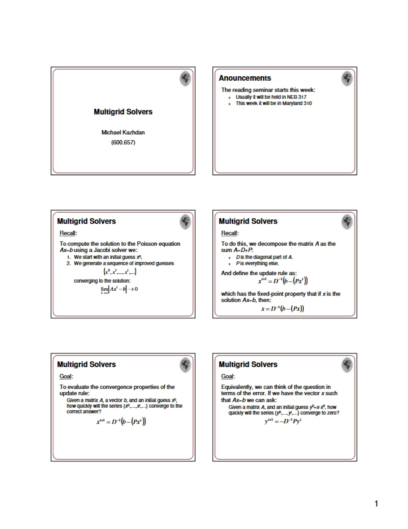Multigrid Solving Methods for Computer Graphics