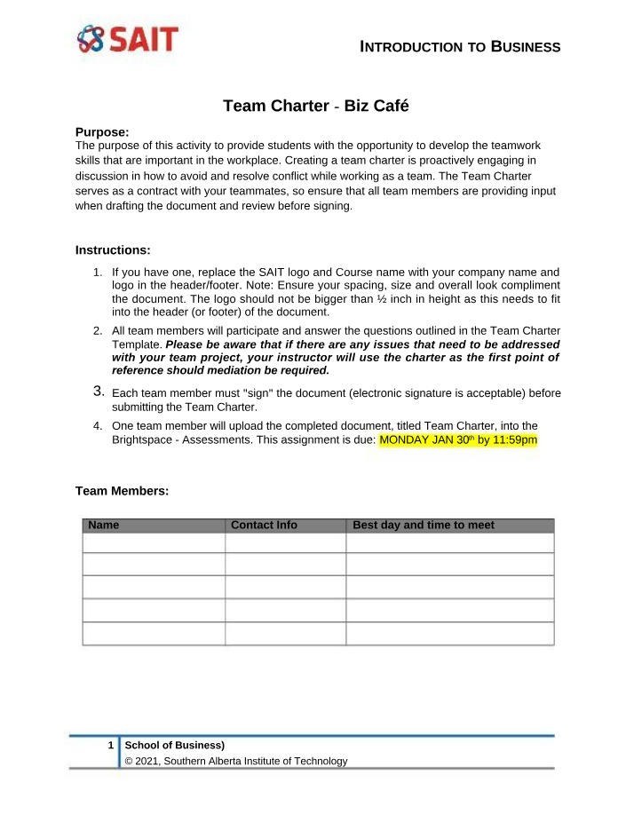 Biz Café Team Charter