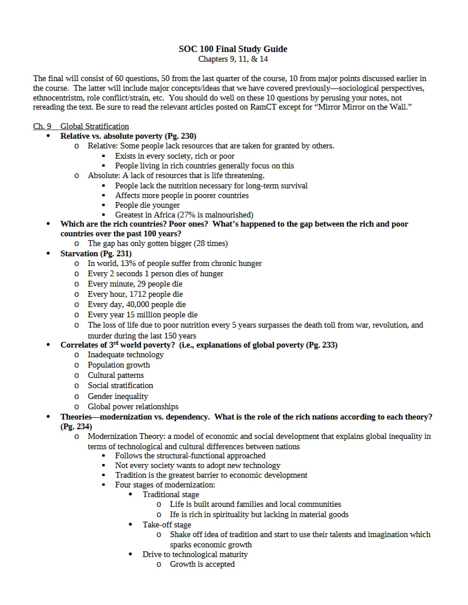 Final Exam Study Guide - SOC 100