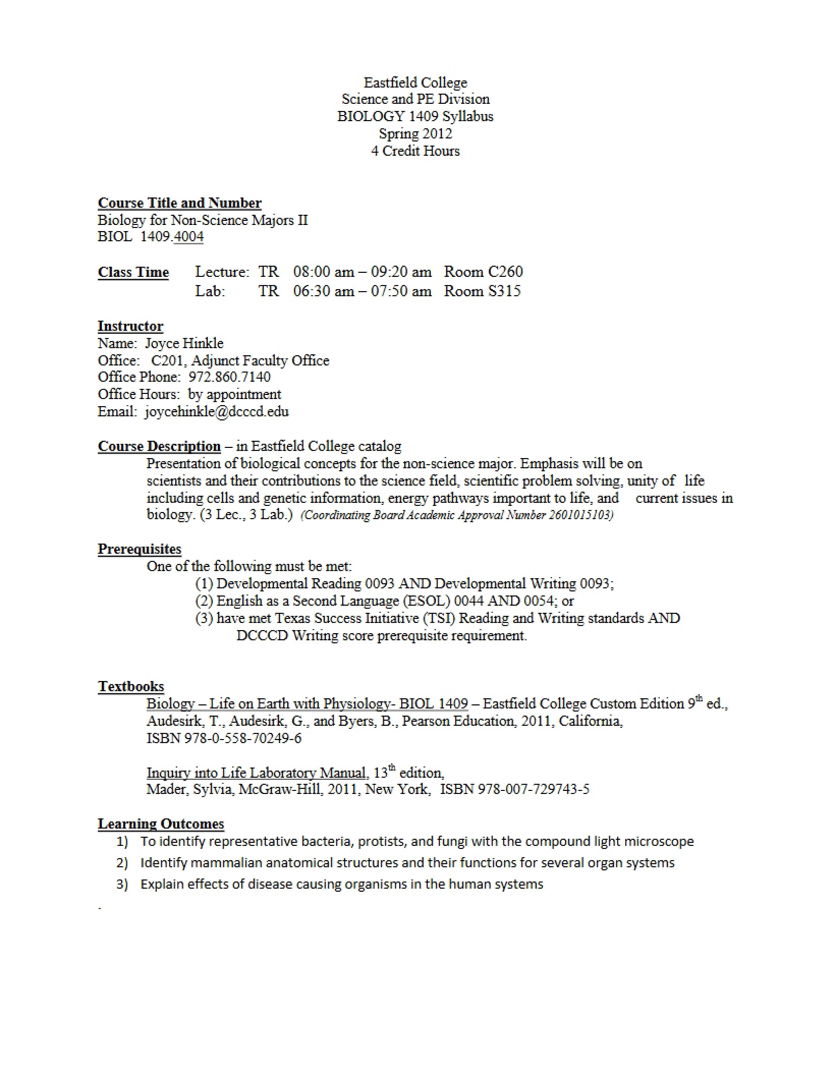 Syllabus for Non-Science Majors Biology II