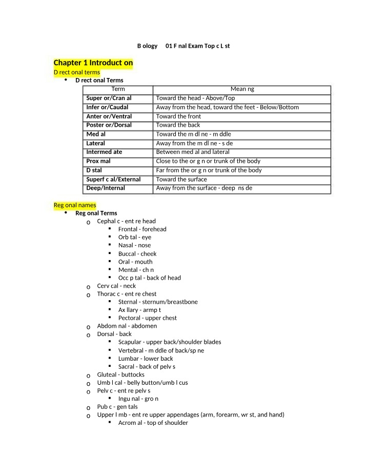Biology Directional Terms and Regional Names