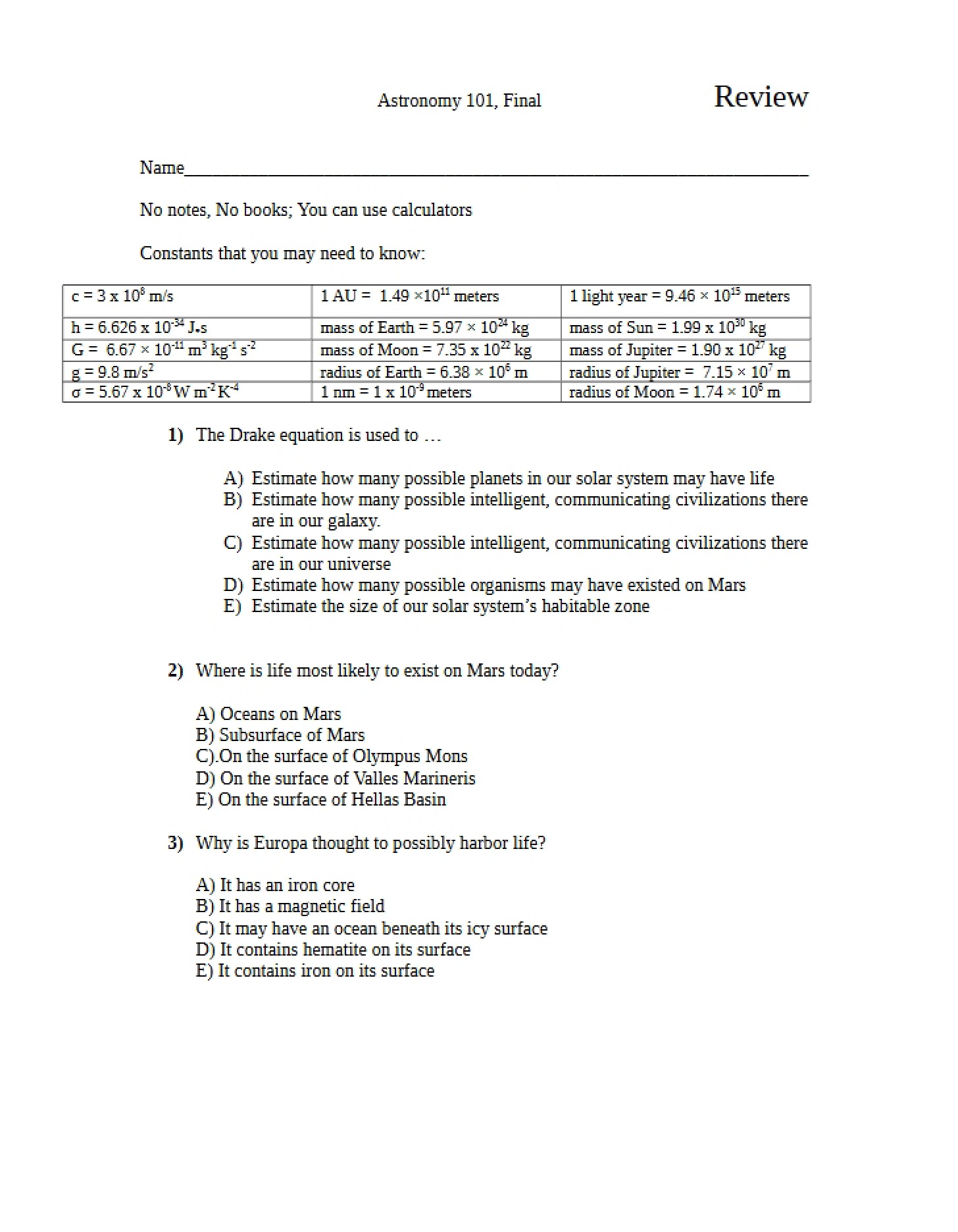 Review for Final Exam