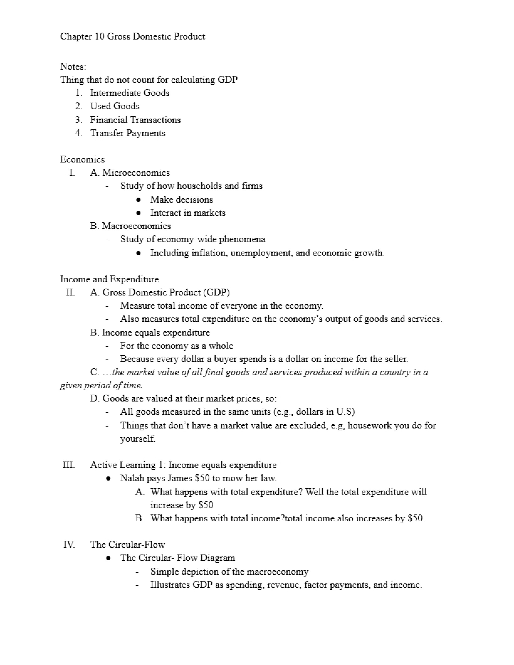 GDP - Gross Domestic Product (Chapter 10)