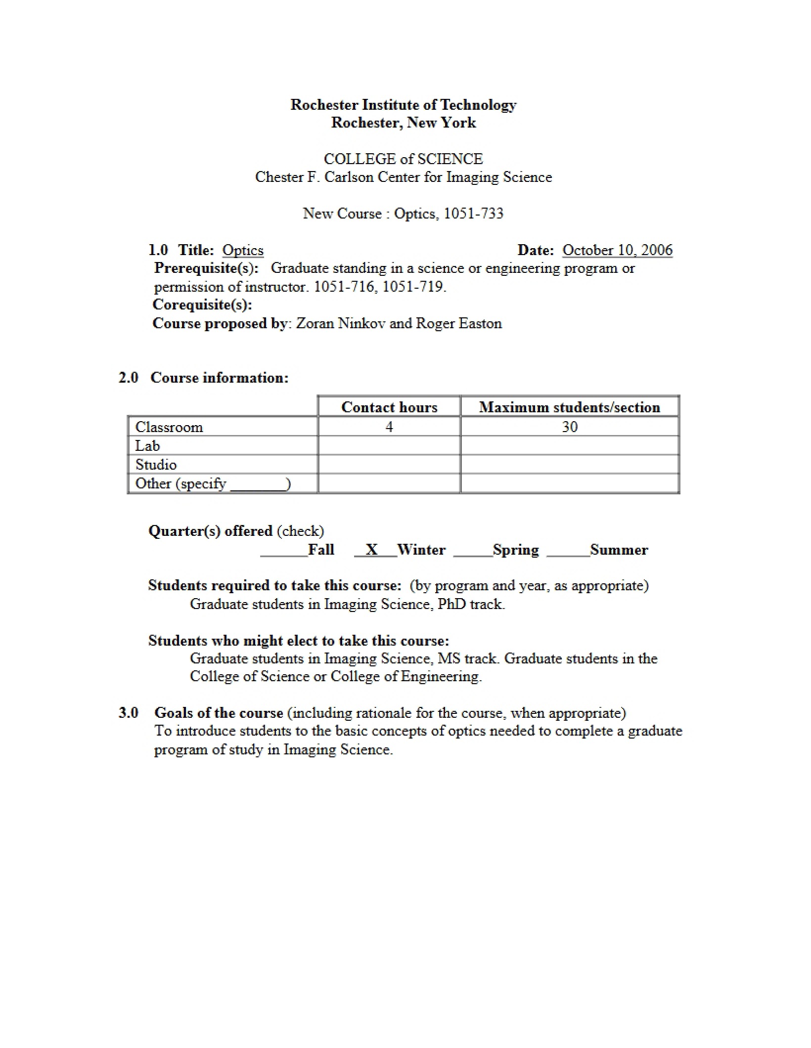 Optics Course Information