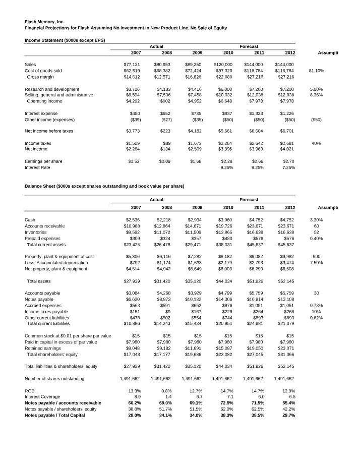 Financial Projections, Income Statement, and Balance Sheet for Flash Memory, Inc