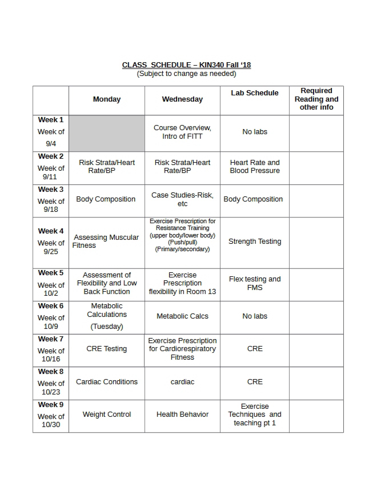 Fall 2018 Course Schedule