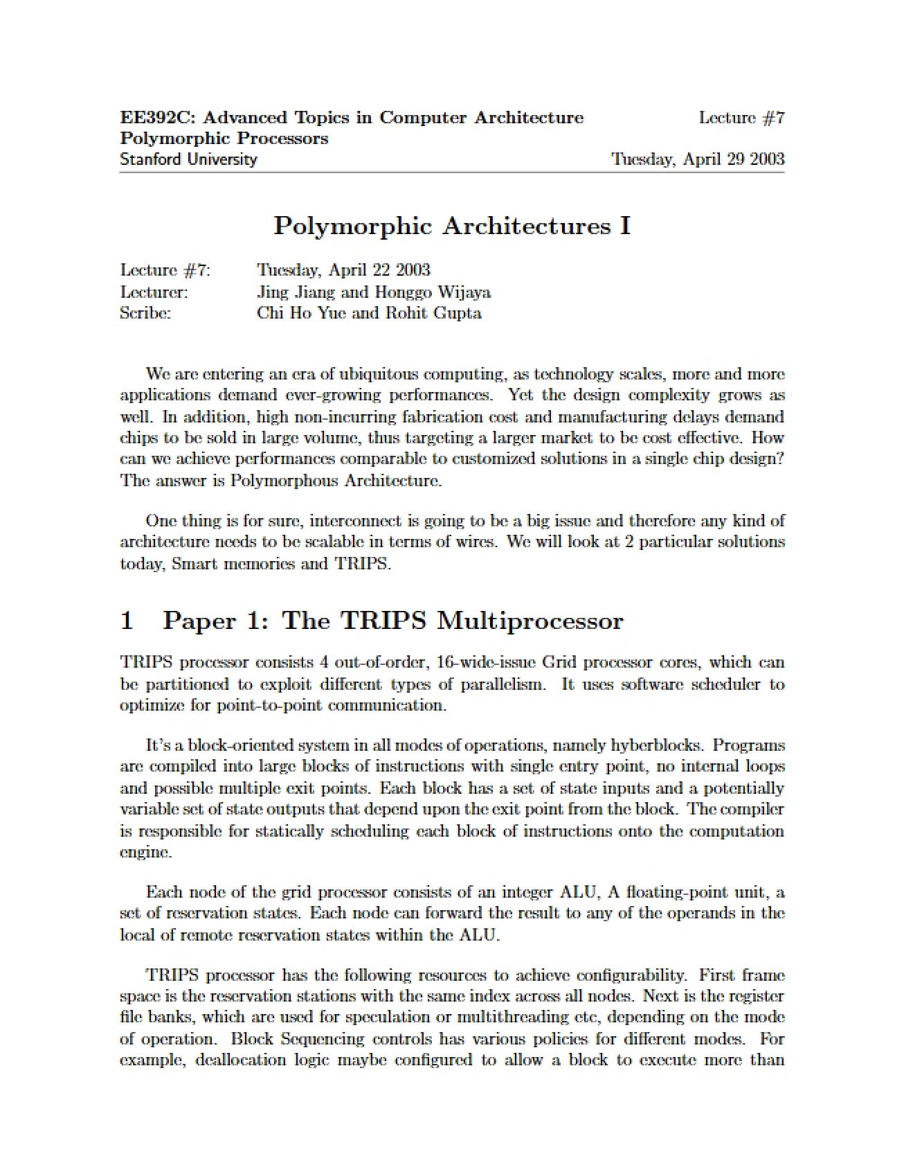 Seventh Lecture on the Topic of Polymorphic Architectures I