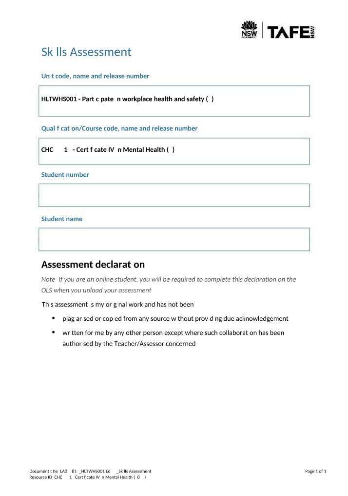Workplace Health and Safety Skills Assessment (HLTWHS001)
