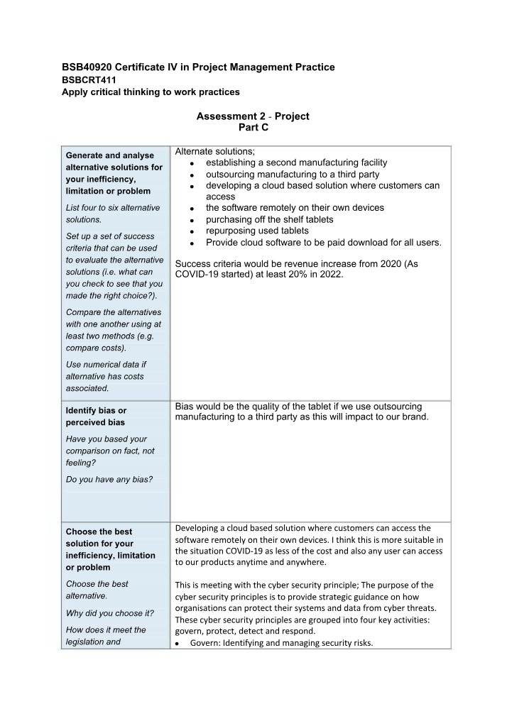 BSBCRT411 Assessment 2 Part C - Apply Critical Thinking to Work Practices