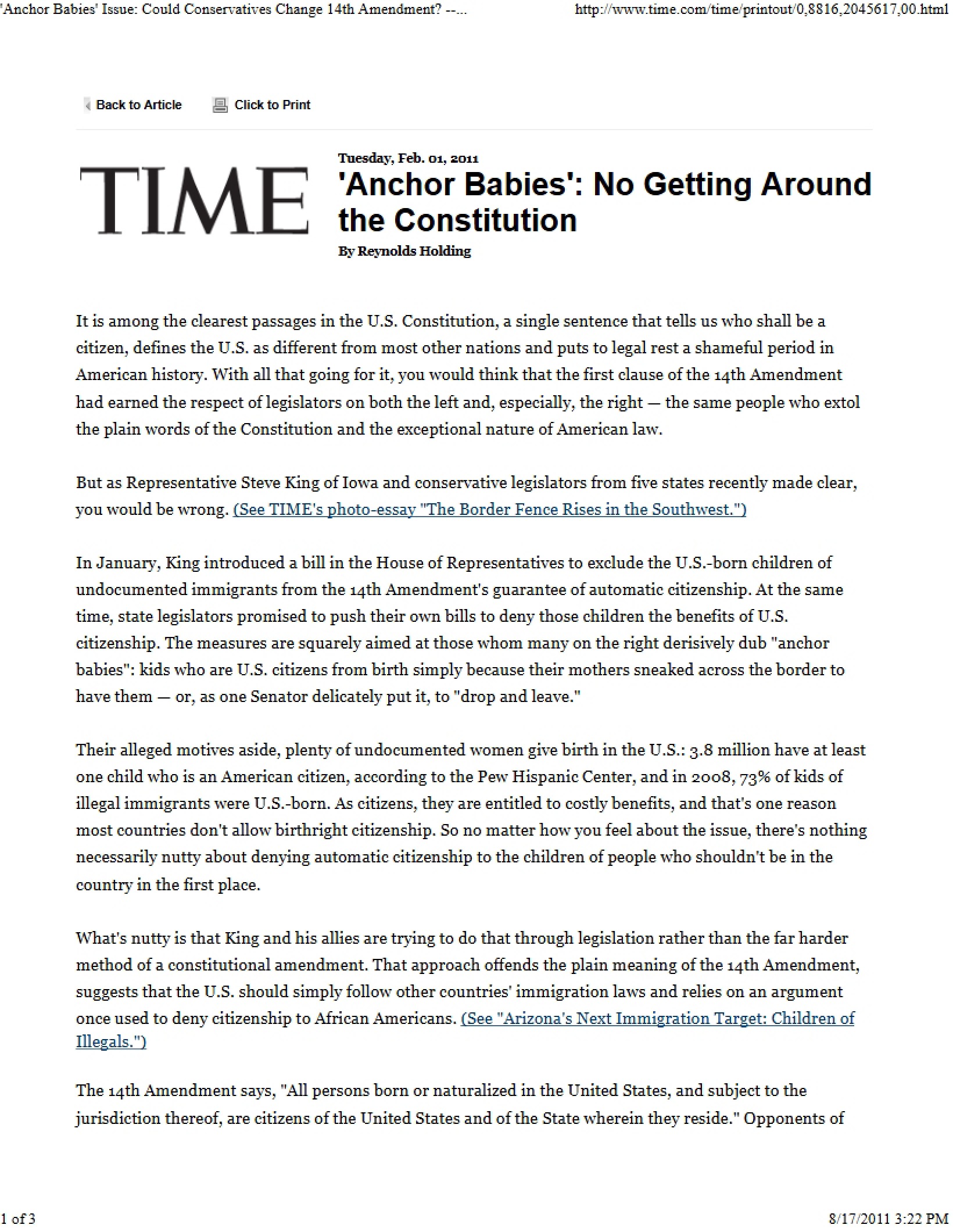 14th Amendment and Anchor Babies Issue