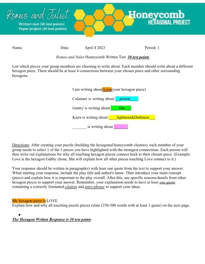 Written Test for Romeo and Juliet Honeycomb