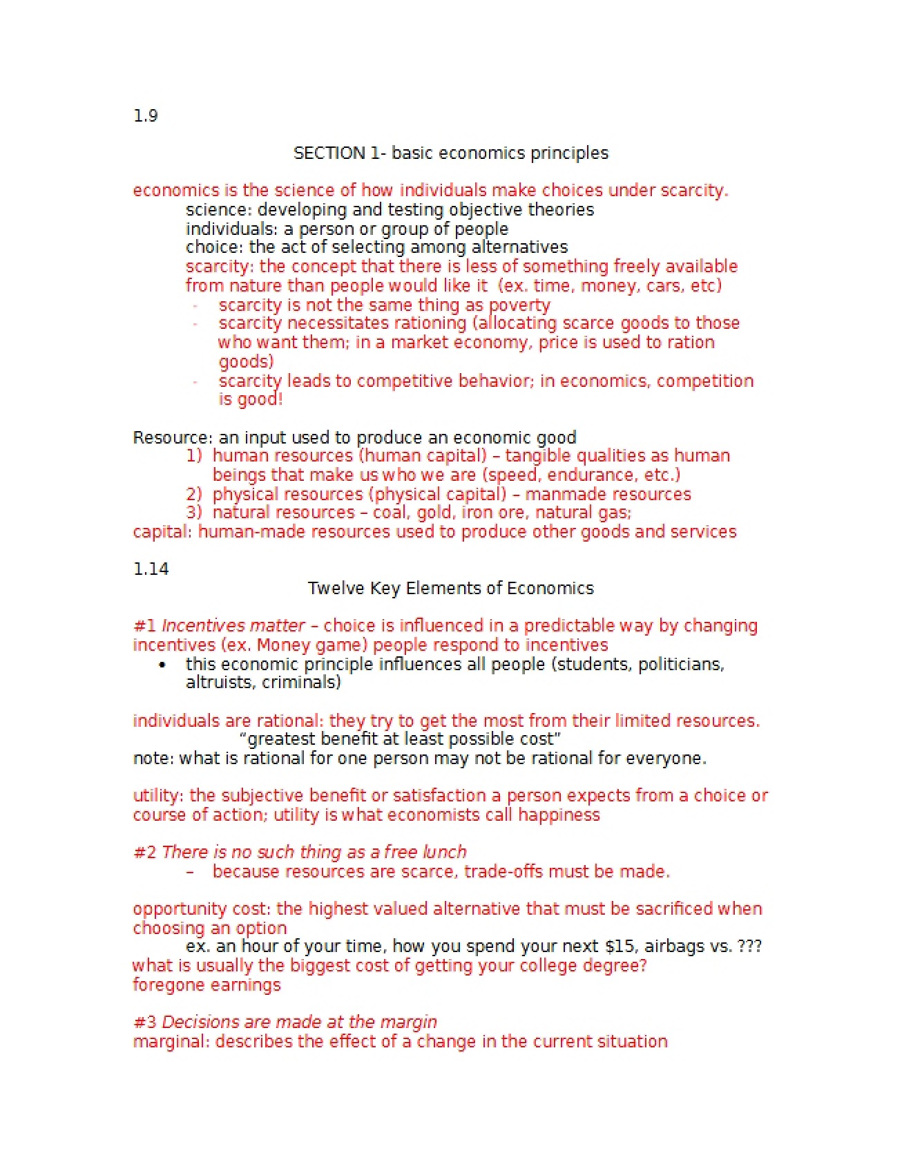First Section on Basic Principles of Economics, Set One