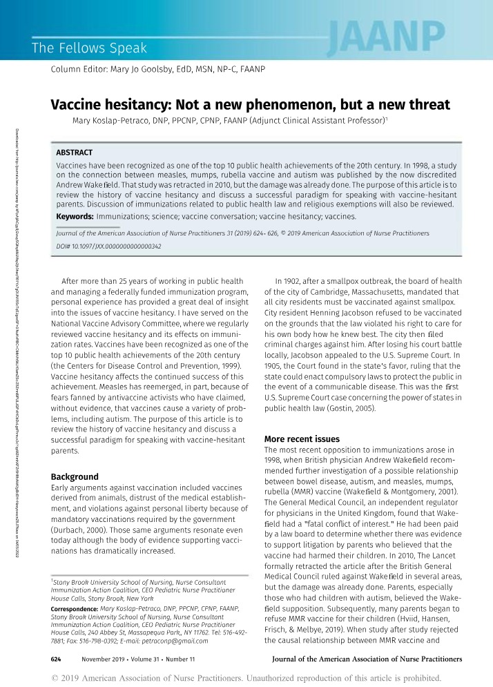 History of Vaccine Hesitancy as a Public Health Threat