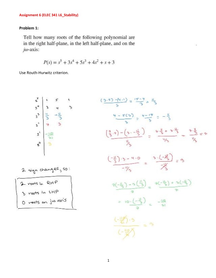 Assignment 6 - Routh-Hurwitz Criterion for Stability