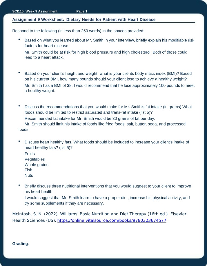Dietary Needs for Patients with Heart Disease - Assignment 9 Worksheet