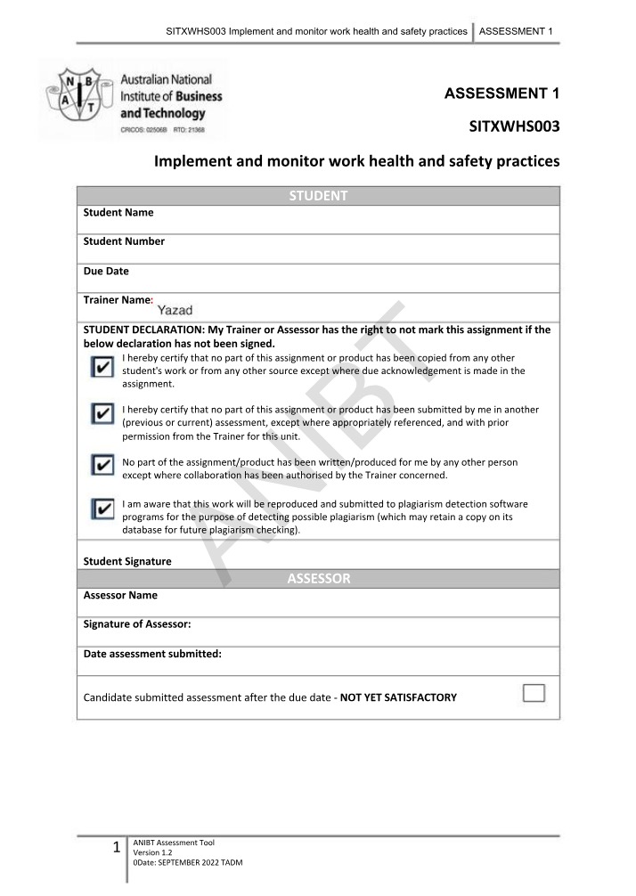 SITXWHS003 - Assessment 1