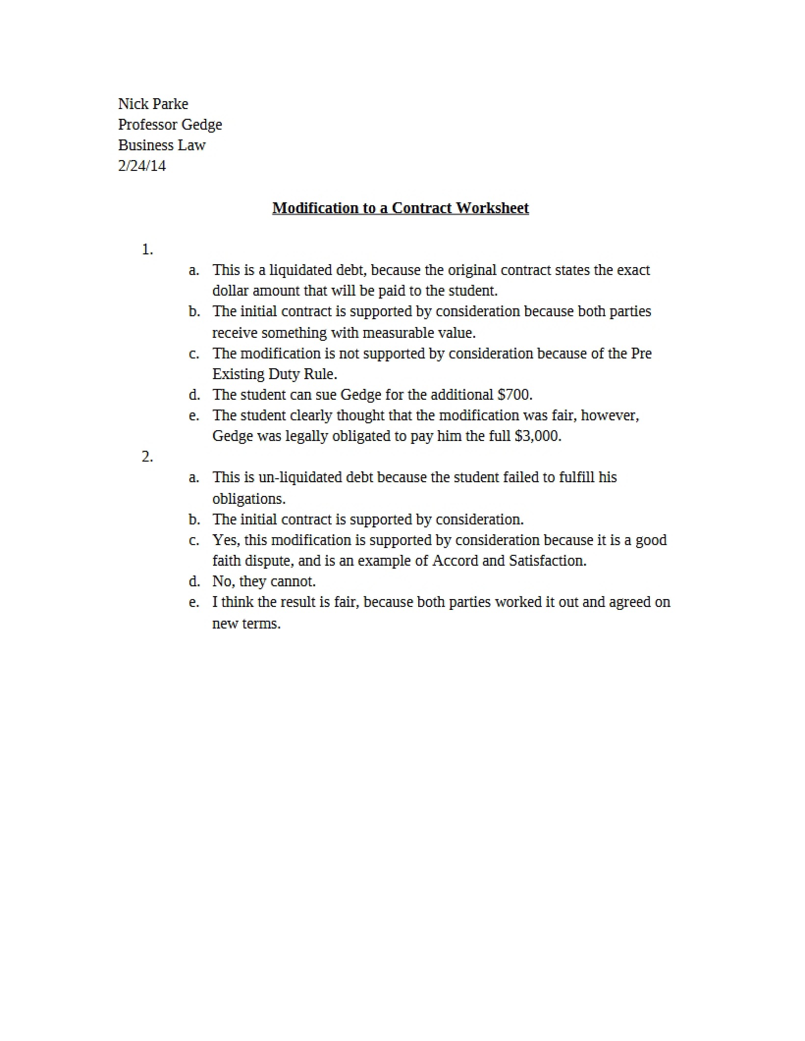 Worksheet Contract Modification