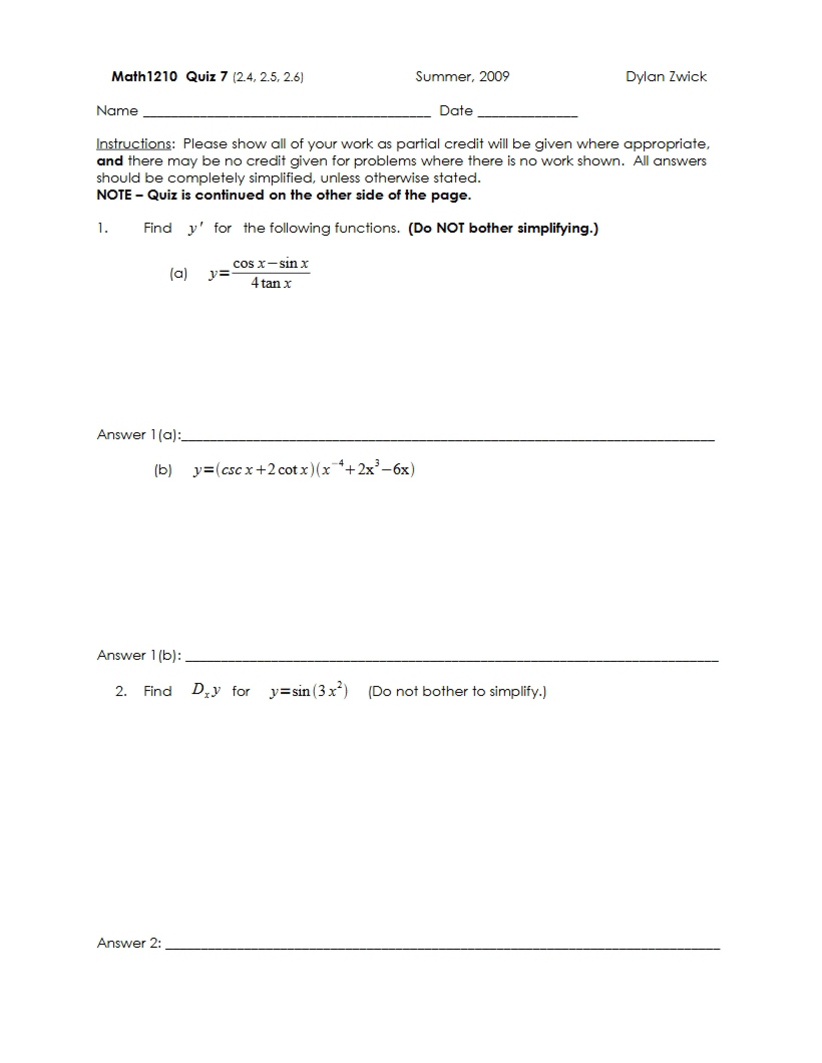 Seventh Quiz