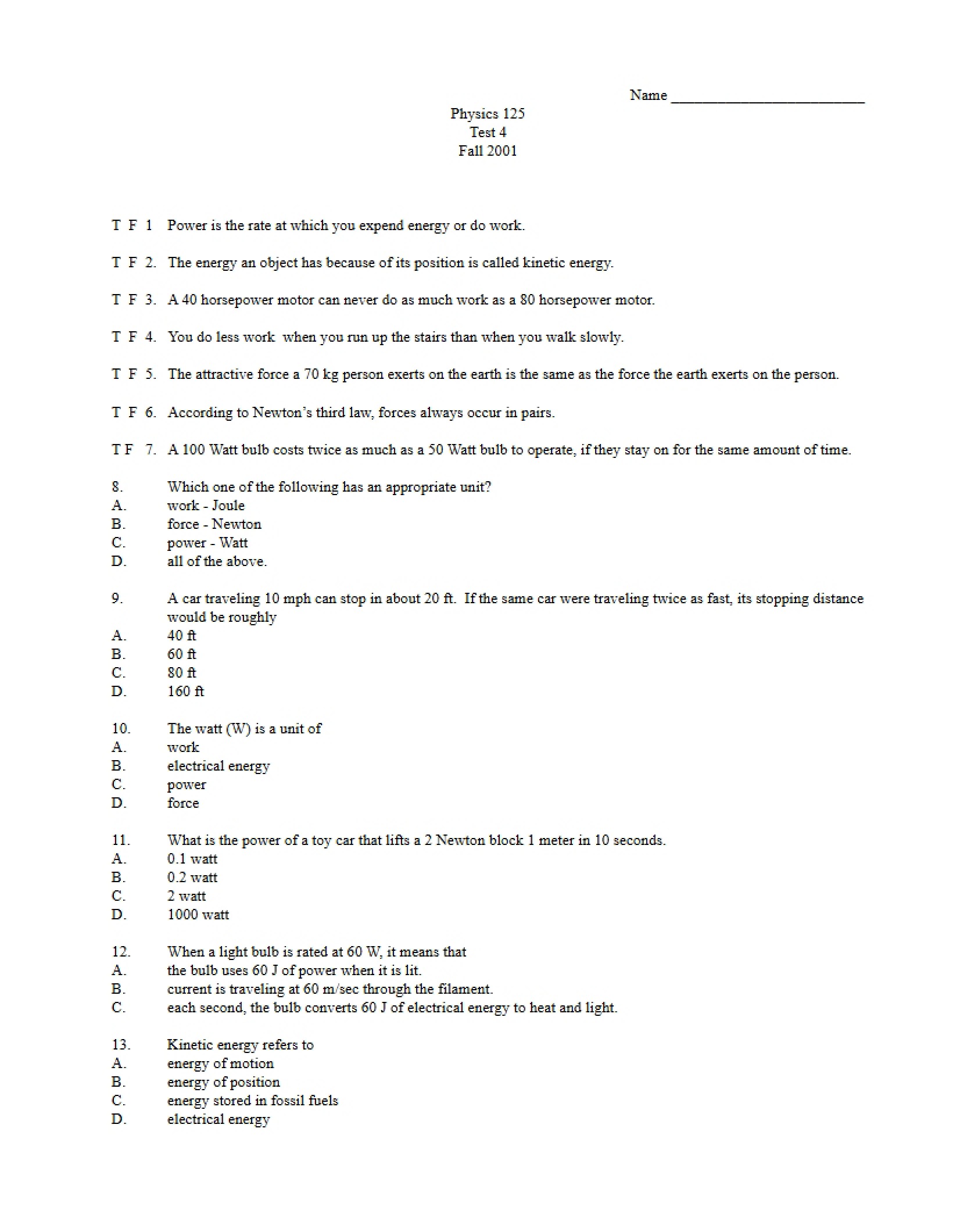 Physical Science Test Four