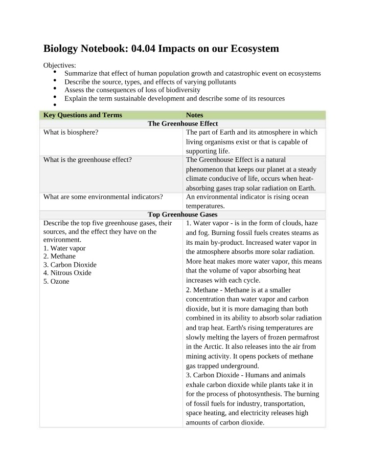 Biology Notebook on Ecosystem Impacts