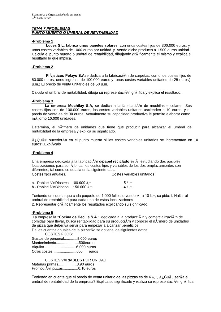 Problemas de Punto Muerto o Umbral de Rentabilidad - Tema 7
