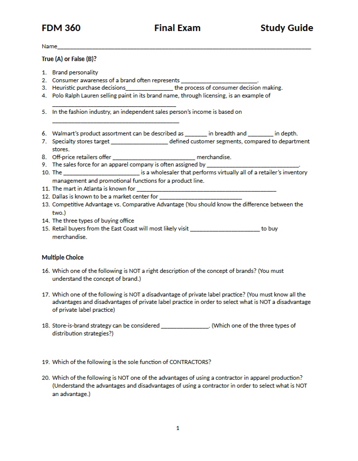 Study Guide for Final Exam (Fall 2015)