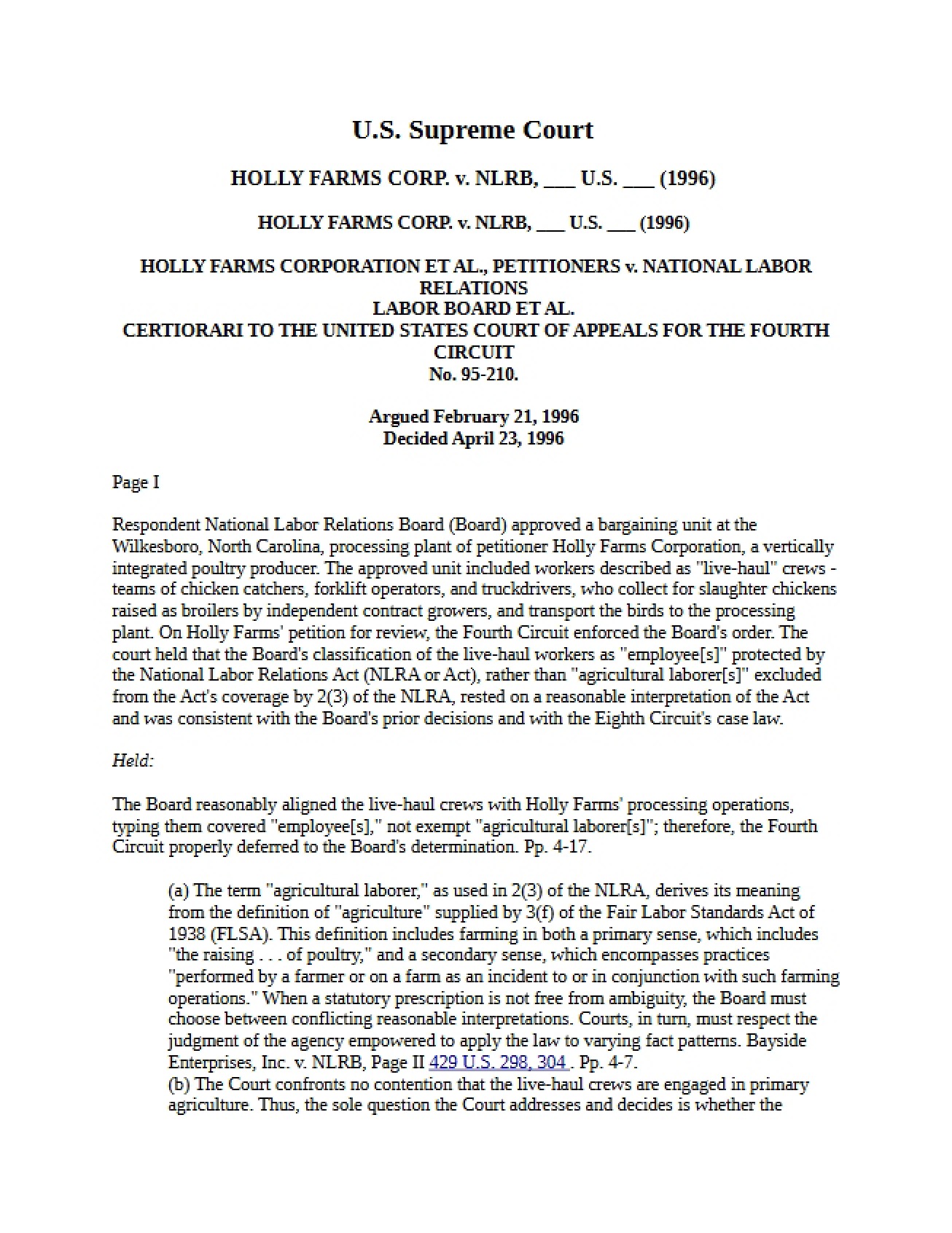 NLRB Opinion Holly Farms Case