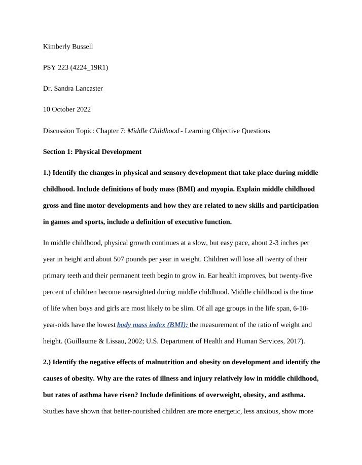 Physical and Sensory Development Changes in Middle Childhood
