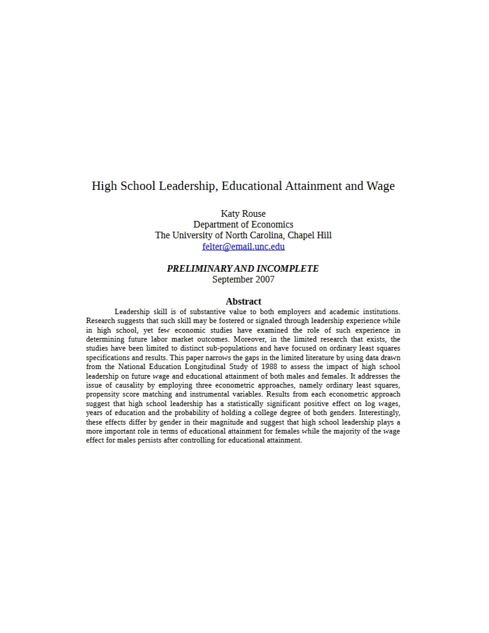 Wage, Educational Attainment, and Leadership in High School