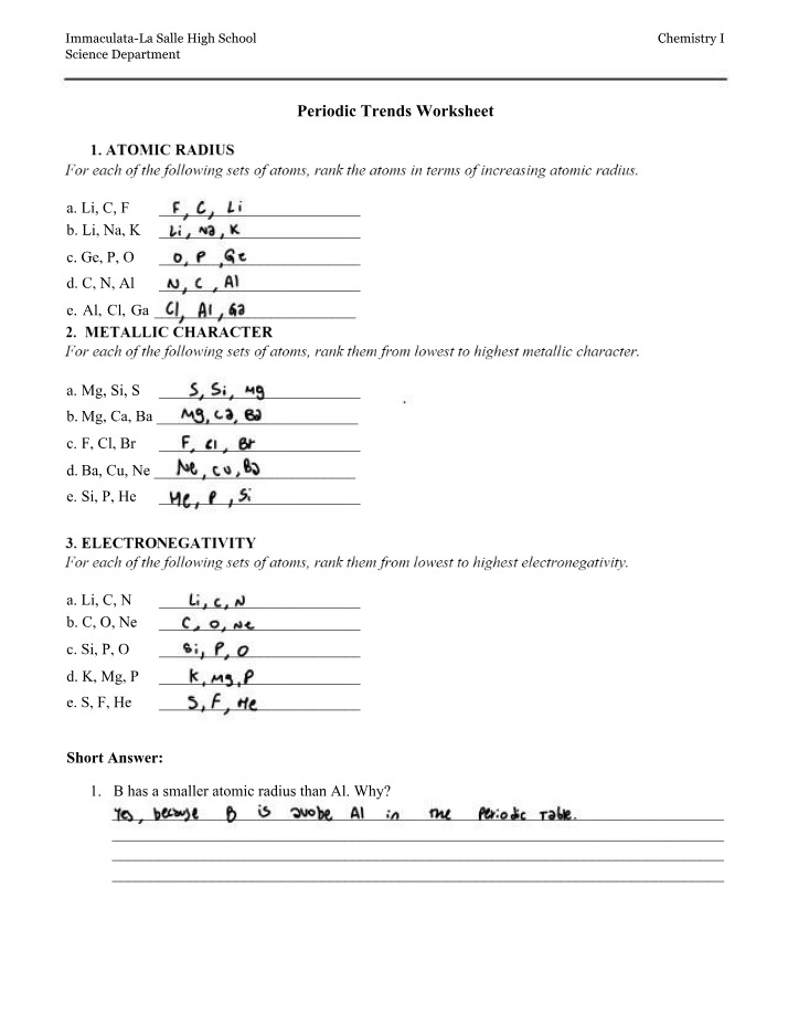 Worksheet on Periodic Trends
