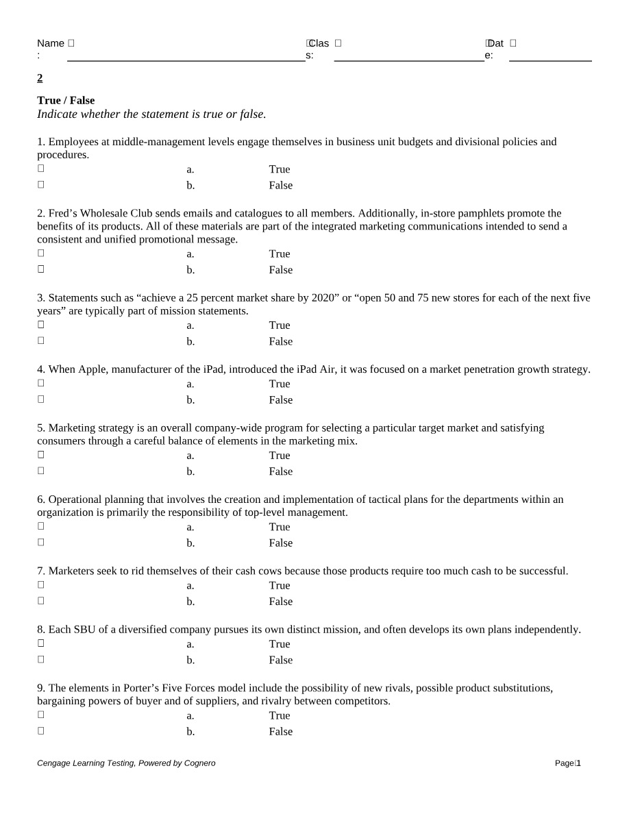 True-False Questions on Marketing Strategy and Planning