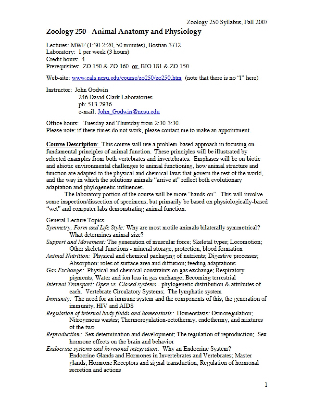Syllabus for Animal Anatomy and Physiology