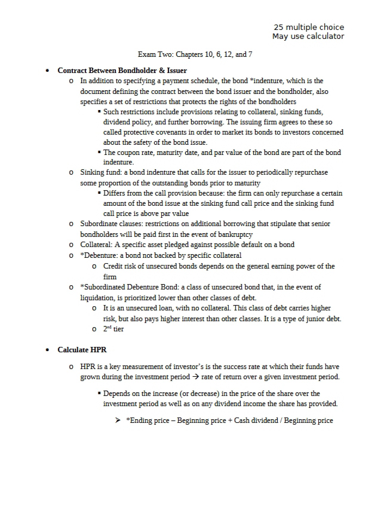 Review for Exam Two Covering Chapters 6, 7, 10, and 12