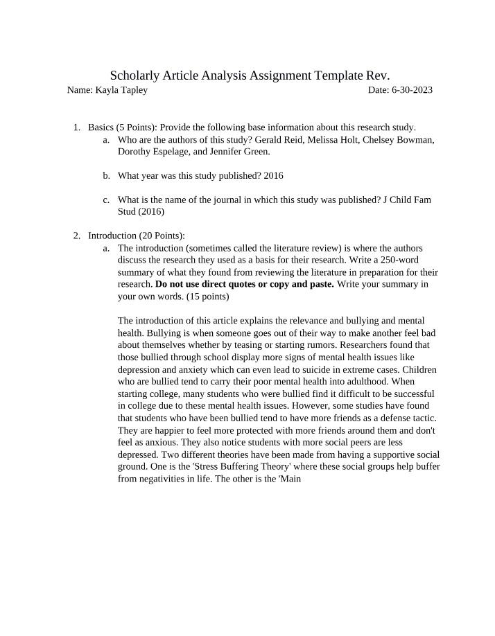 Template for Scholarly Article Analysis Assignment